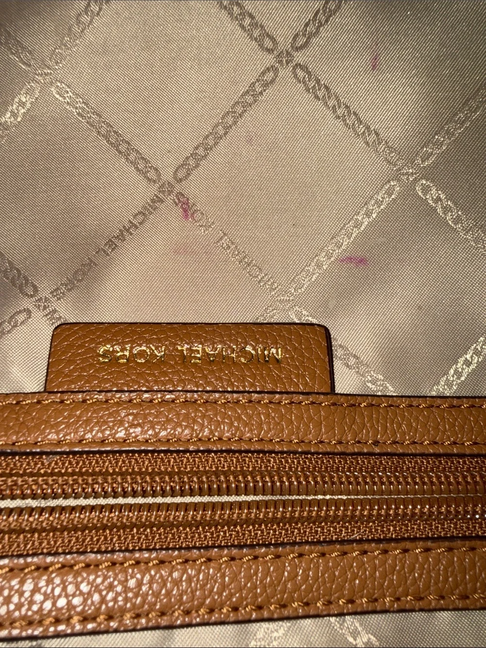 Michael Kors Signature MK Logo Canvas Shoulder Bag in Beige and Tan